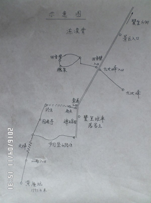 回音壁部分游览结束,天已晚,住宿。 2016年4月9日,早8点多钟,攀黄庵垴主峰。 由于前一天攀爬九女峰着实累着了,所以攀黄庵垴选择最便捷的路线,缆车上缆车下。从缆车终点经圆通寺,攀爬有惊无险的天梯,便到了山西景区入口,再走4里基本上没有什么坡度的路,就是黄庵垴主峰。 缆车起点。