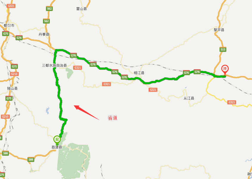 线路图 荔波 到 三都 这段是省道, 三都 到肇兴是高速,全程230公里